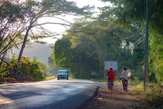 A serene road in Dembéni, Mayotte, with two pedestrians walking along lush greenery.