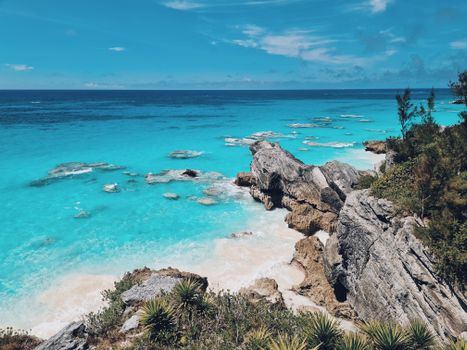 Discover the stunning Bermuda beach with clear turquoise waters, rocky cliffs, and lush foliage.