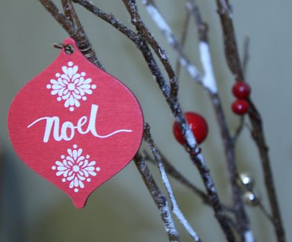 Close-up of a red ornament with 'Noel' on a rustic branch, perfect for holiday decor themes.